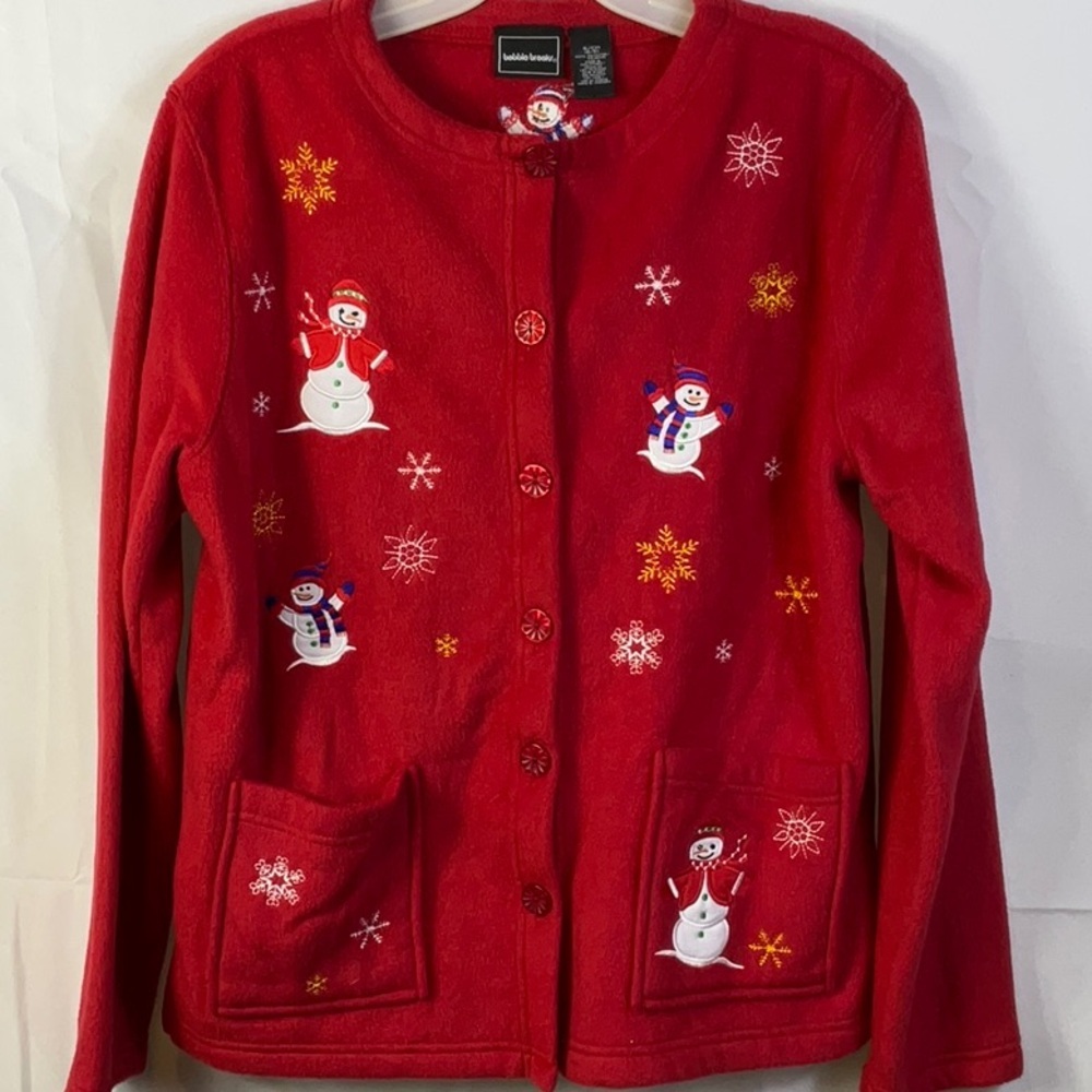 Bobbie Brooks Soft Red Fleece Button Down Cardigan with Snowman Design Size S